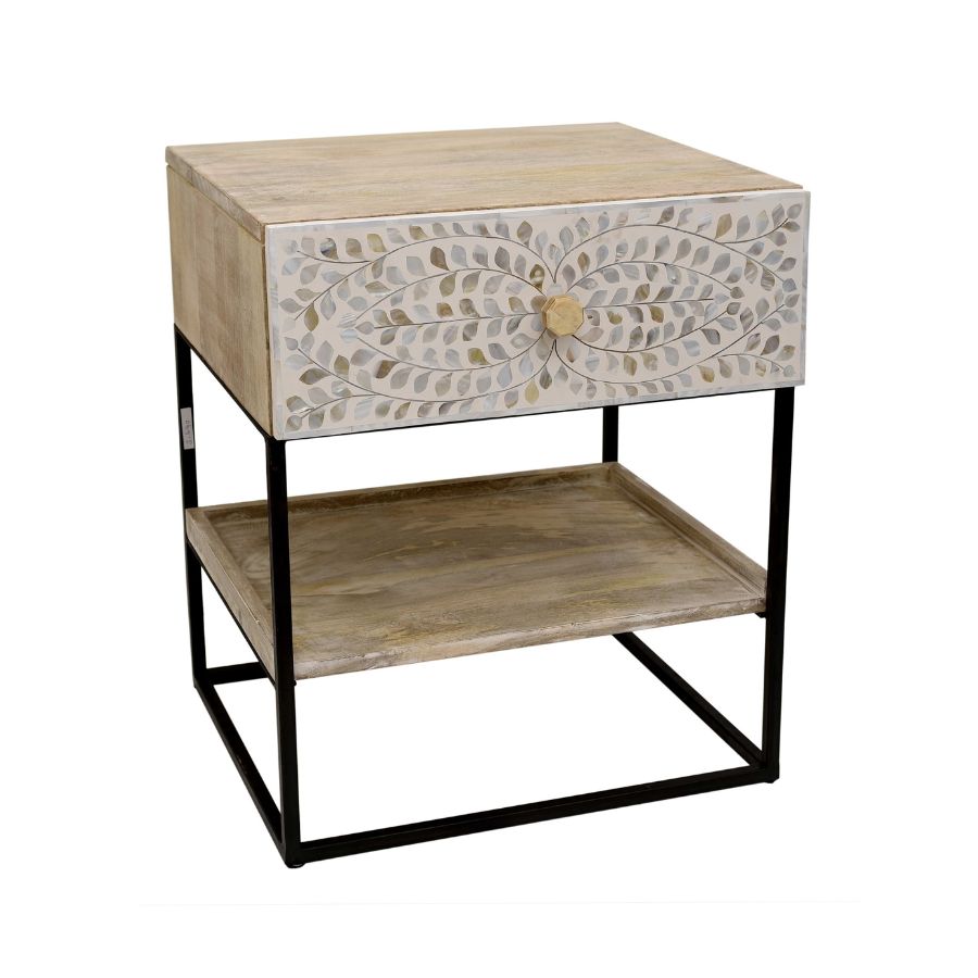 9 Wooden Bedside Table with Bone Inlay Drawer and Metal Frame - Image 1