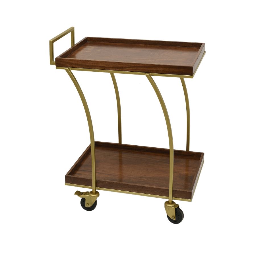 9 Two-Tier Wood & Brass Serving Cart with Casters - Image 1