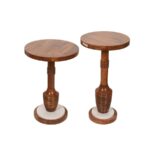 Set of 2 Round Mango Wood Pedestal Side Tables