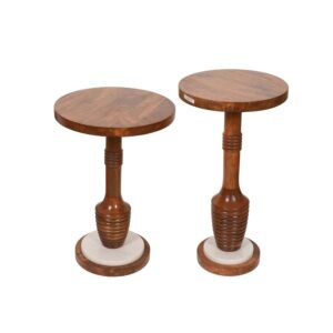 Set of 2 Round Mango Wood Pedestal Side Tables